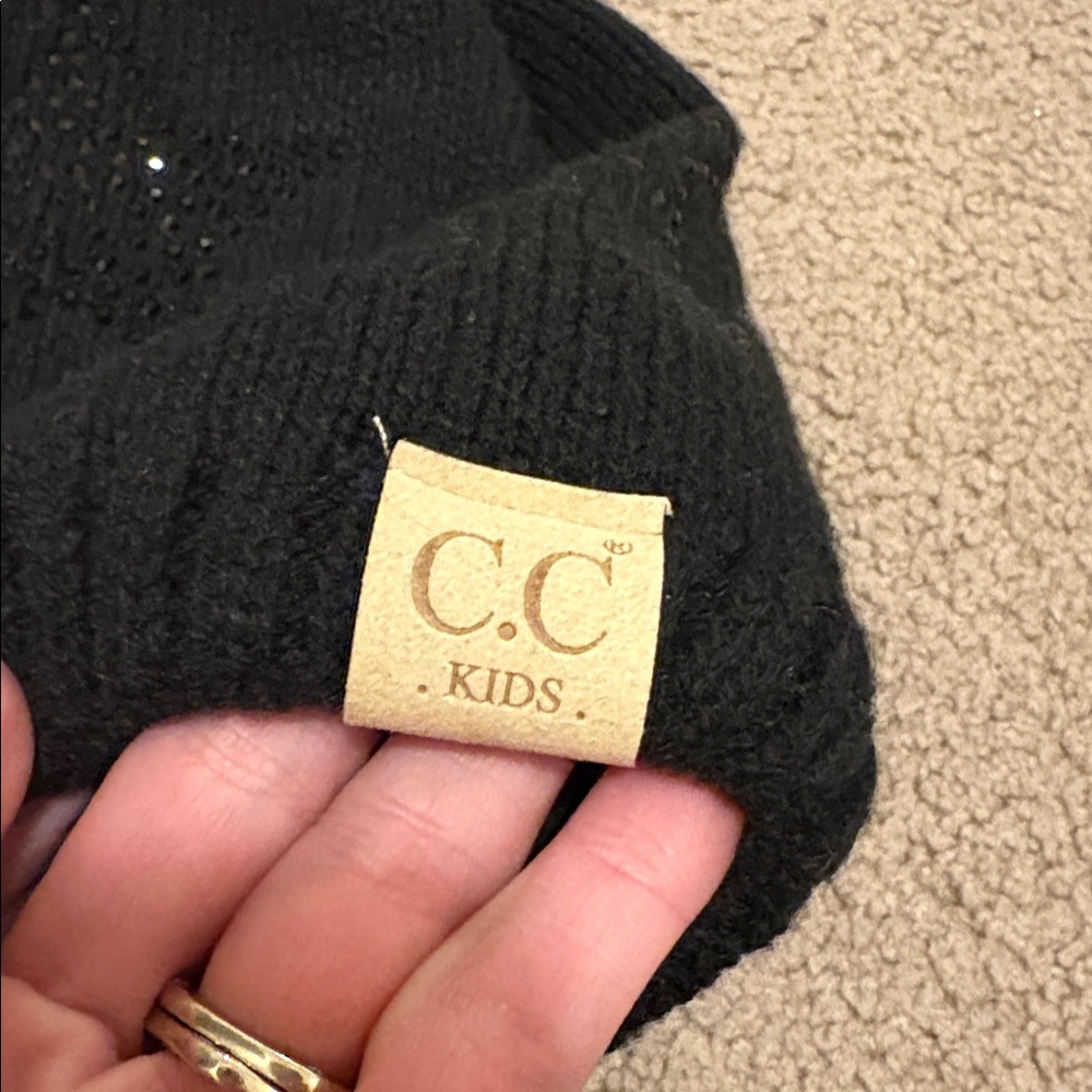 C.C Kids Black Star Beanie with Faux Fur Pom - Picture 2 of 4